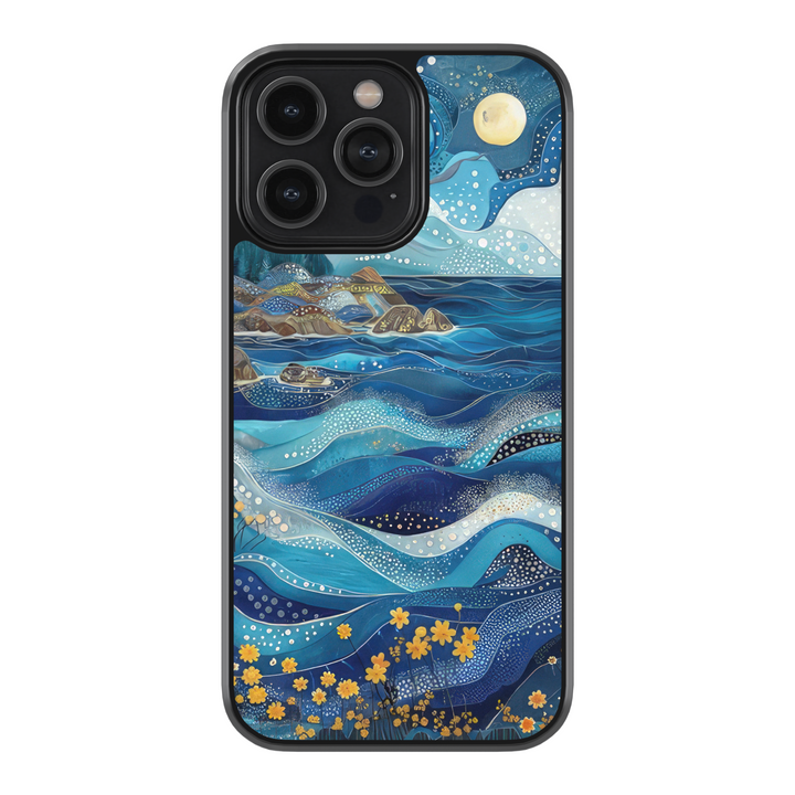 Sea waves pattern phone case with vibrant, intricate flower designs, available for iPhone 16, 16 Pro, 16 Pro Max, 15, 15 Pro, 14 Pro, 13 Pro, and Samsung Galaxy S24, S23, S22, S21. Aesthetic Ocean design inspired by classic stained glass, adding a touch of elegance and color to your device