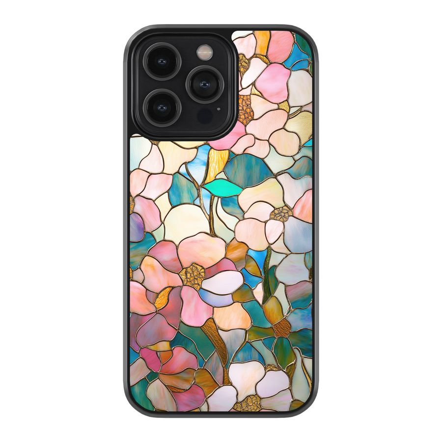 Stained glass floral pattern phone case with vibrant, intricate flower designs, available for iPhone 16, 16 Pro, 16 Pro Max, 15, 15 Pro, 14 Pro, 13 Pro, and Samsung Galaxy S24, S23, S22, S21. Aesthetic floral design inspired by classic stained glass, adding a touch of elegance and color to your device