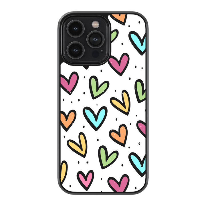 Hearts pattern phone case with vibrant, intricate Colorful hearts designs, available for iPhone 16, 16 Pro, 16 Pro Max, 15, 15 Pro, 14 Pro, 13 Pro, and Samsung Galaxy S24, S23, S22, S21. Aesthetic Hearts design inspired by colorful hearts, adding a touch of elegance and color to your device