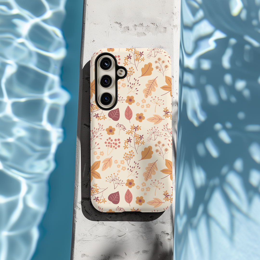 Floral, fall, autumn, and Halloween-themed phone cases available for Pixel 8, iPhone 16 Pro, Galaxy S24, Pixel 8 Pro, and iPhone SE. Featuring MagSafe compatibility and unique designs like mosaic and coquette, perfect for the season