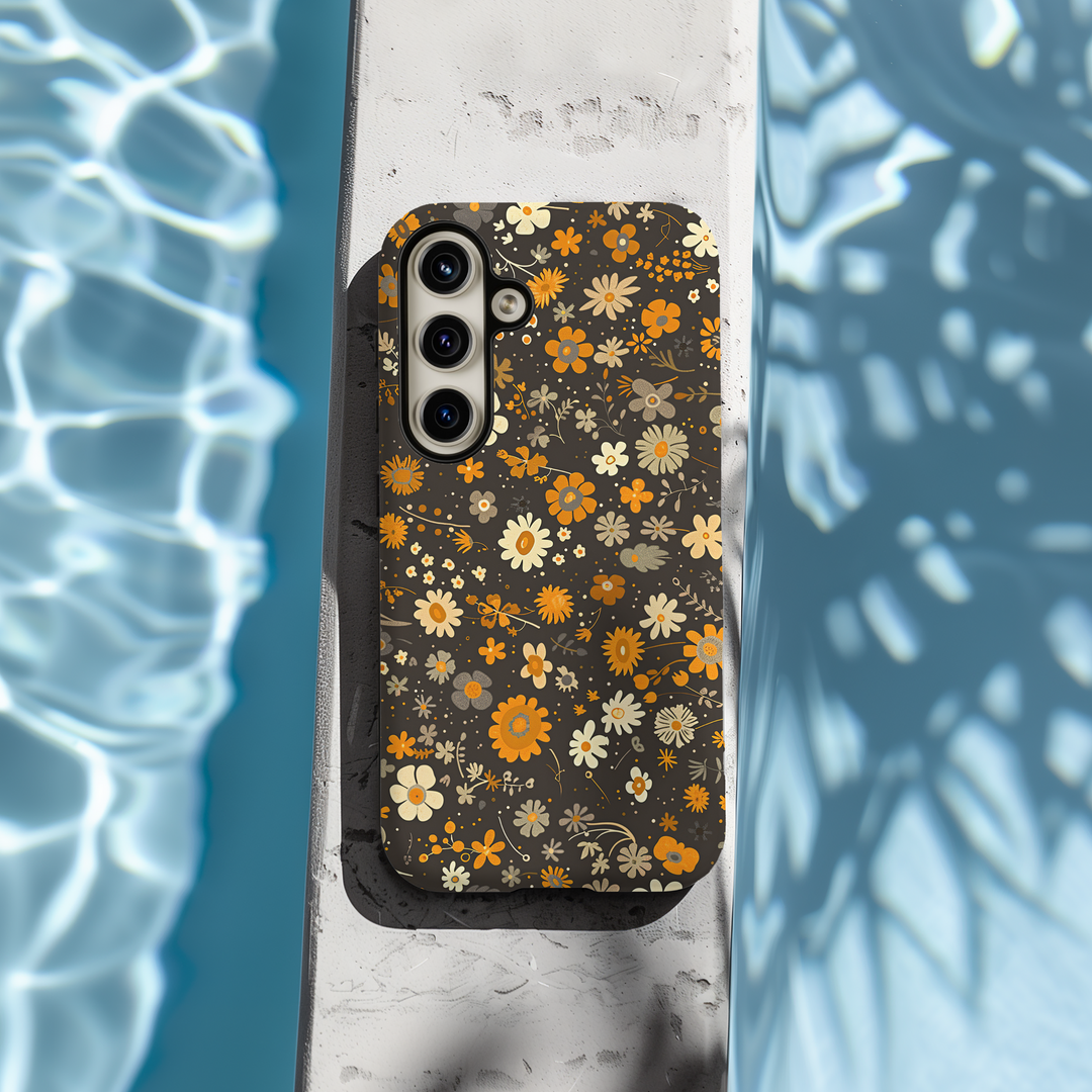 Floral, fall, autumn, and Halloween-themed phone cases available for Pixel 8, iPhone 16 Pro, Galaxy S24, Pixel 8 Pro, and iPhone SE. Featuring MagSafe compatibility and unique designs like mosaic and coquette, perfect for the season