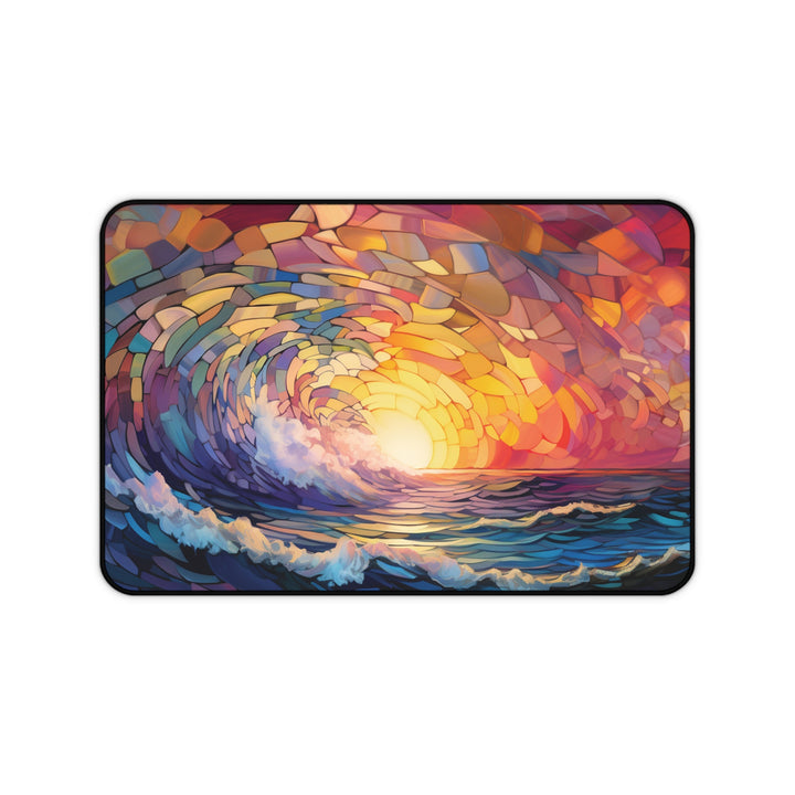 stained glass mat, sunrise desk decor, serene waves pad, ocean sunrise mat, artisanal desk pad, peaceful desk mat, sunrise waves design, elegant office art, morning calm mat, artful glass design, calm ocean deskmat, soft pastel pad, abstract mousepad