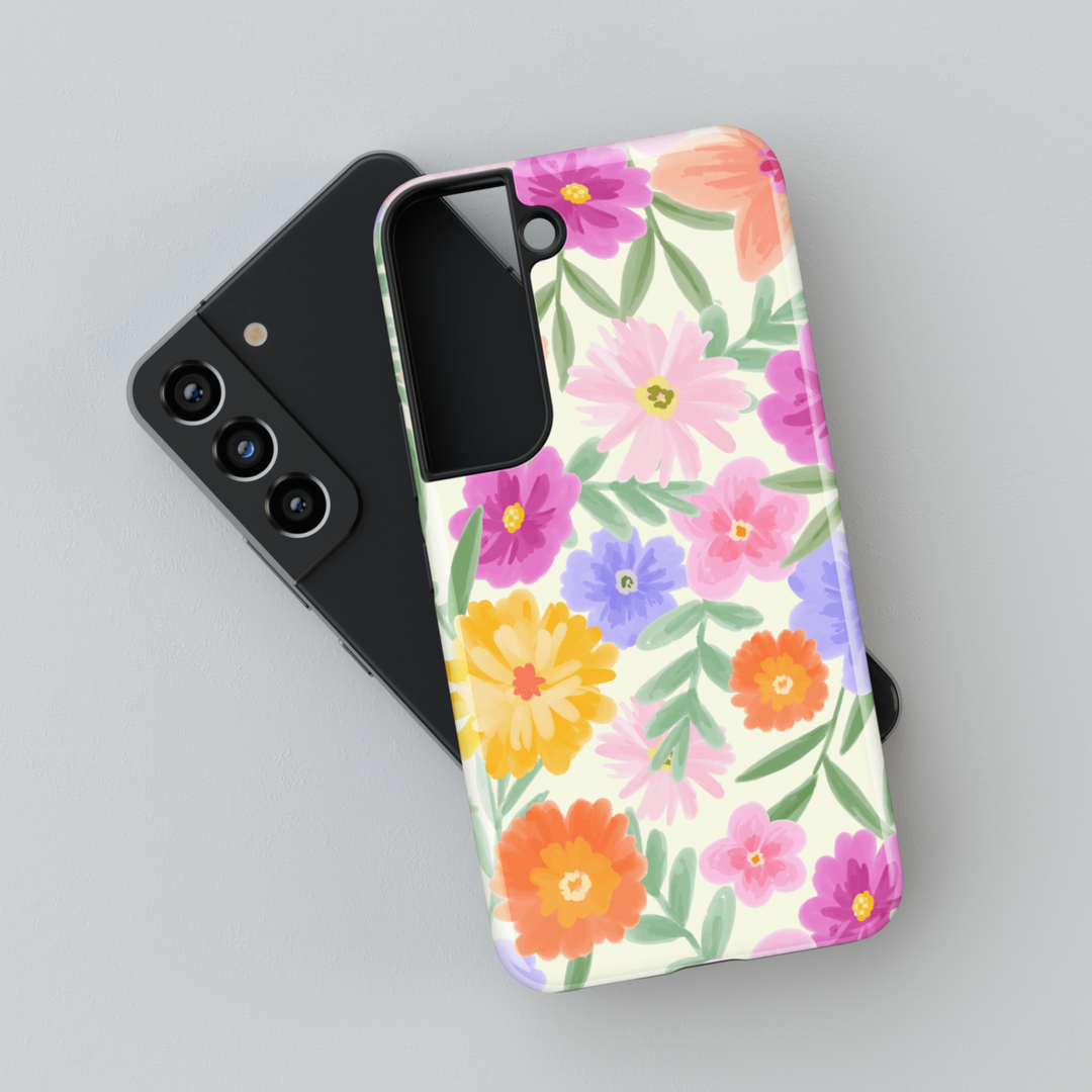 Colorful floral phone case for Samsung Galaxy S25 Ultra, S24 Ultra, S24 FE, and more. Aesthetic watercolor spring design featuring vibrant flowers on a clear background.