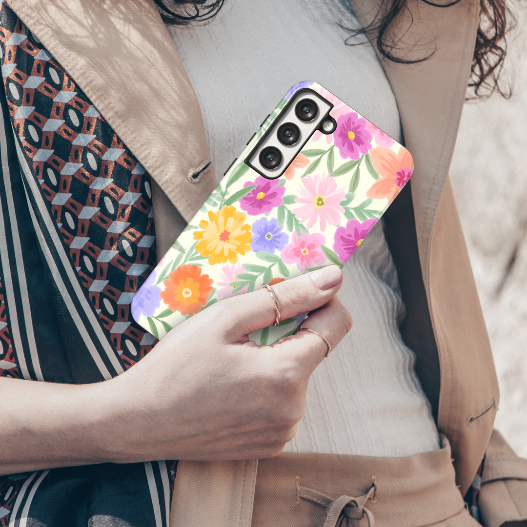 Colorful floral phone case for Samsung Galaxy S25 Ultra, S24 Ultra, S24 FE, and more. Aesthetic watercolor spring design featuring vibrant flowers on a clear background.