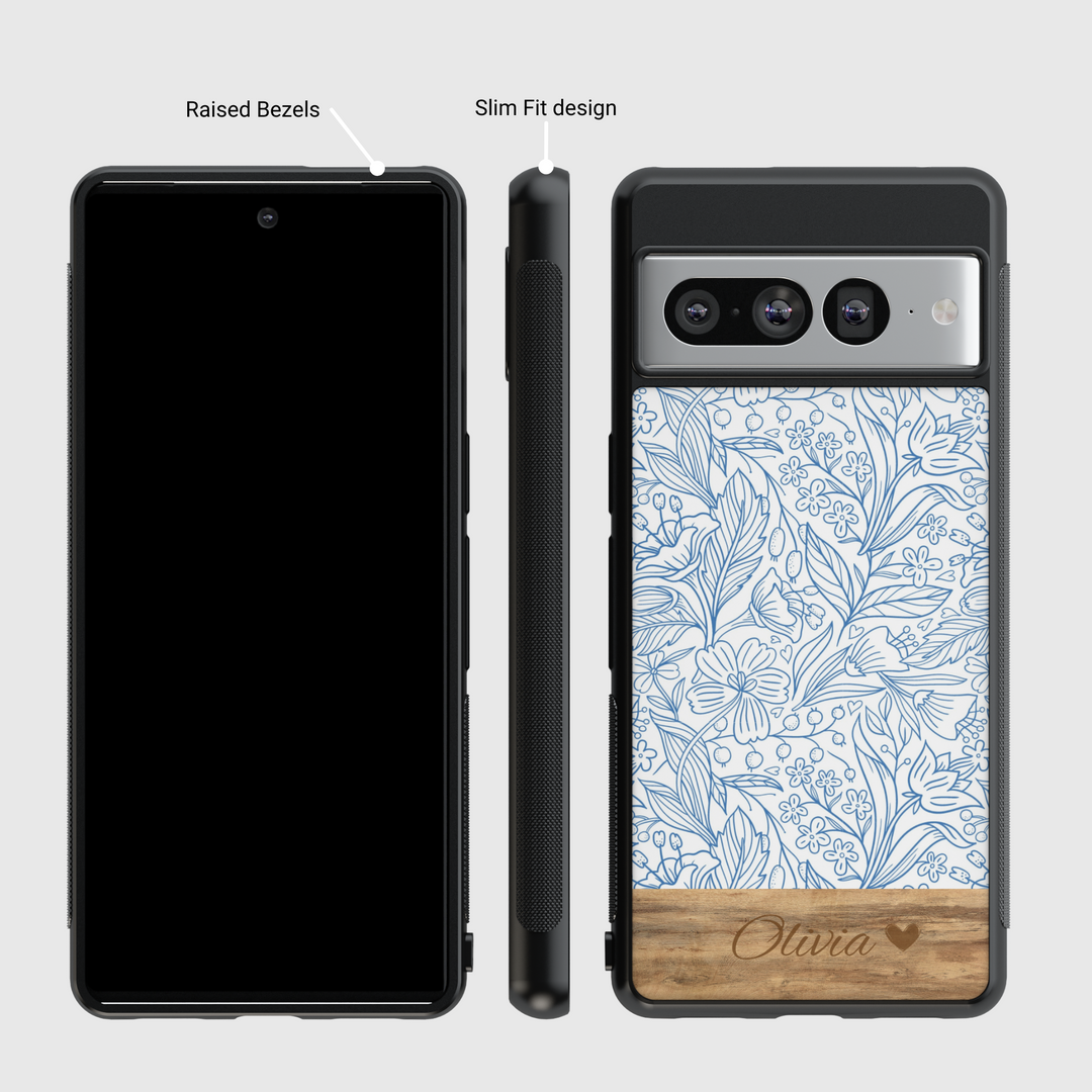 Personalized Blue Floral Google Pixel Case with Wood Accent – Elegant Engraved Design for Pixel 9 Pro XL, Pixel 9, Pixel 9 Pro, Pixel 8 Pro, Pixel 8a, Pixel 8