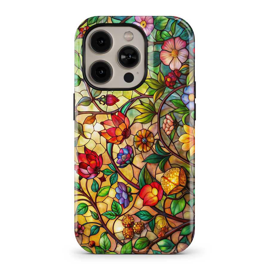 Elegant floral phone case featuring intricate flower and leaf patterns in warm, vibrant autumn colors. Provides a protective, tough casing for iPhone SE, iPhone 14 Pro, and iPhone 15 MagSafe. Perfect for women seeking a stylish, nature-inspired design with an artistic touch for the fall season.