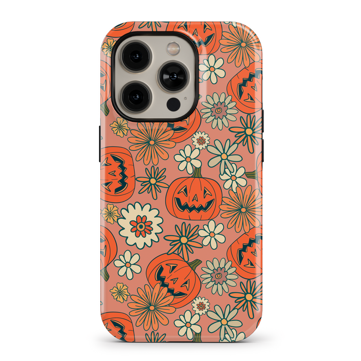 Elegant floral phone case featuring intricate flower and leaf patterns in warm, vibrant autumn colors. Provides a protective, tough casing for iPhone SE, iPhone 14 Pro, and iPhone 15 MagSafe. Perfect for women seeking a stylish, nature-inspired design with an artistic touch for the fall season.