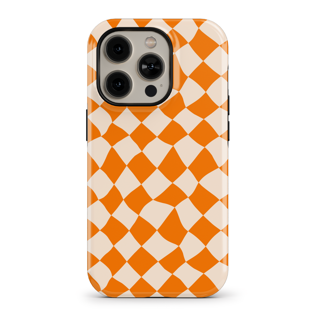 Elegant Checker phone case featuring wavy checkerboard patterns in warm, vibrant autumn colors. Provides a protective, tough casing for iPhone SE, iPhone 14 Pro, and iPhone 15 MagSafe. Perfect for women seeking a stylish, nature-inspired design with an artistic touch for the fall season.