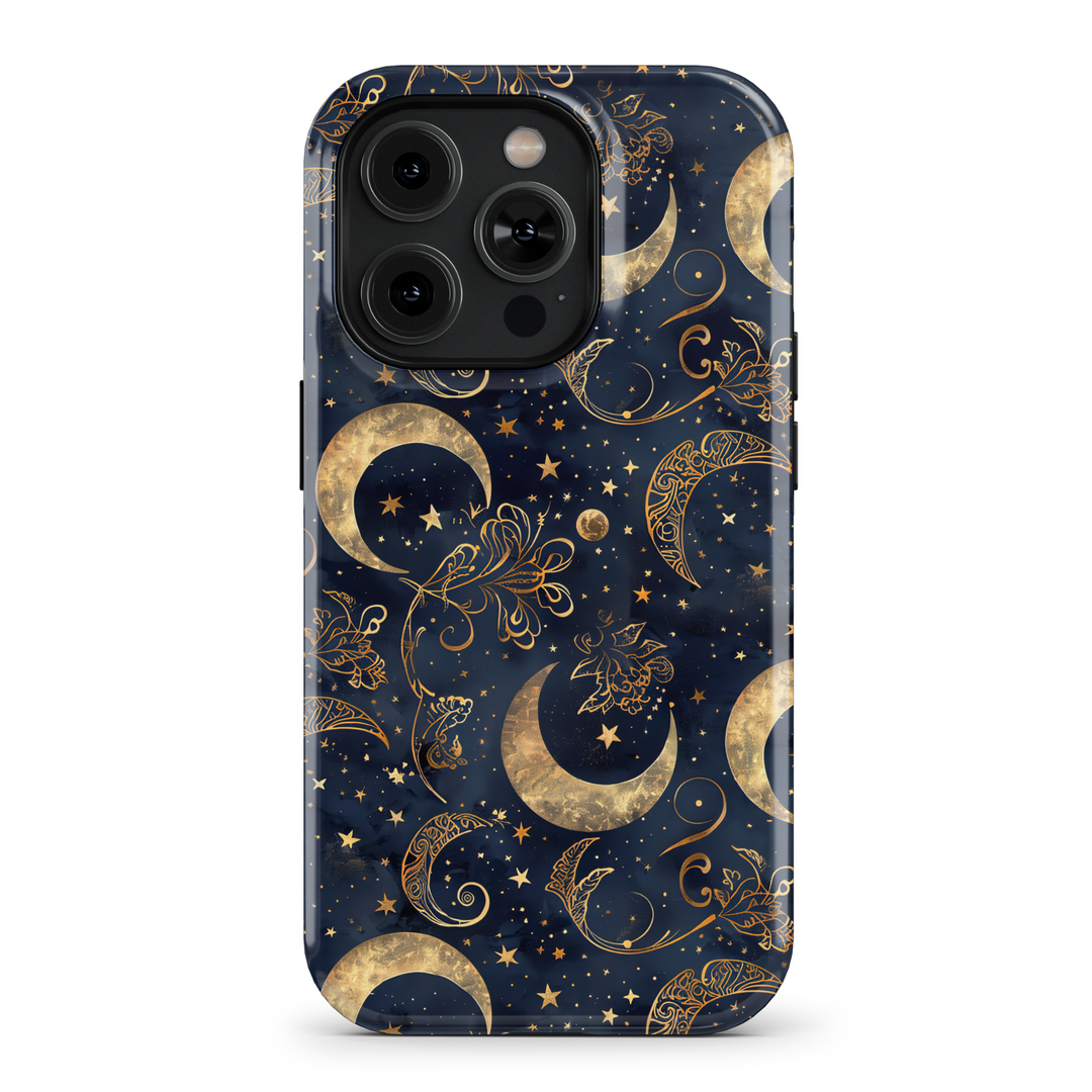 Celestial-themed phone case with mystical sun, moon, and stars design in black and gold. Features protective, tough casing for iPhone SE, iPhone 14 Pro, and iPhone 15 MagSafe. Perfect for women seeking a unique and cosmic-inspired style