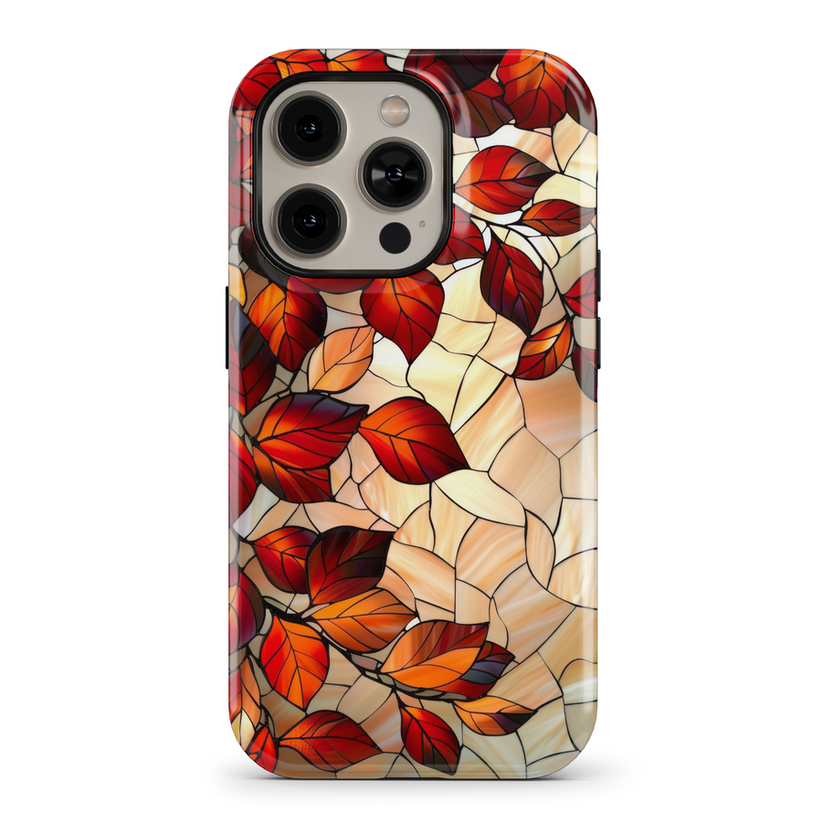 Elegant stained glass floral phone case with intricate flower and leaf patterns in vibrant colors. Offers a protective, tough casing for iPhone SE, iPhone 14 Pro, and iPhone 15 MagSafe. Perfect for women looking for a stylish, nature-inspired design with an artistic touch.