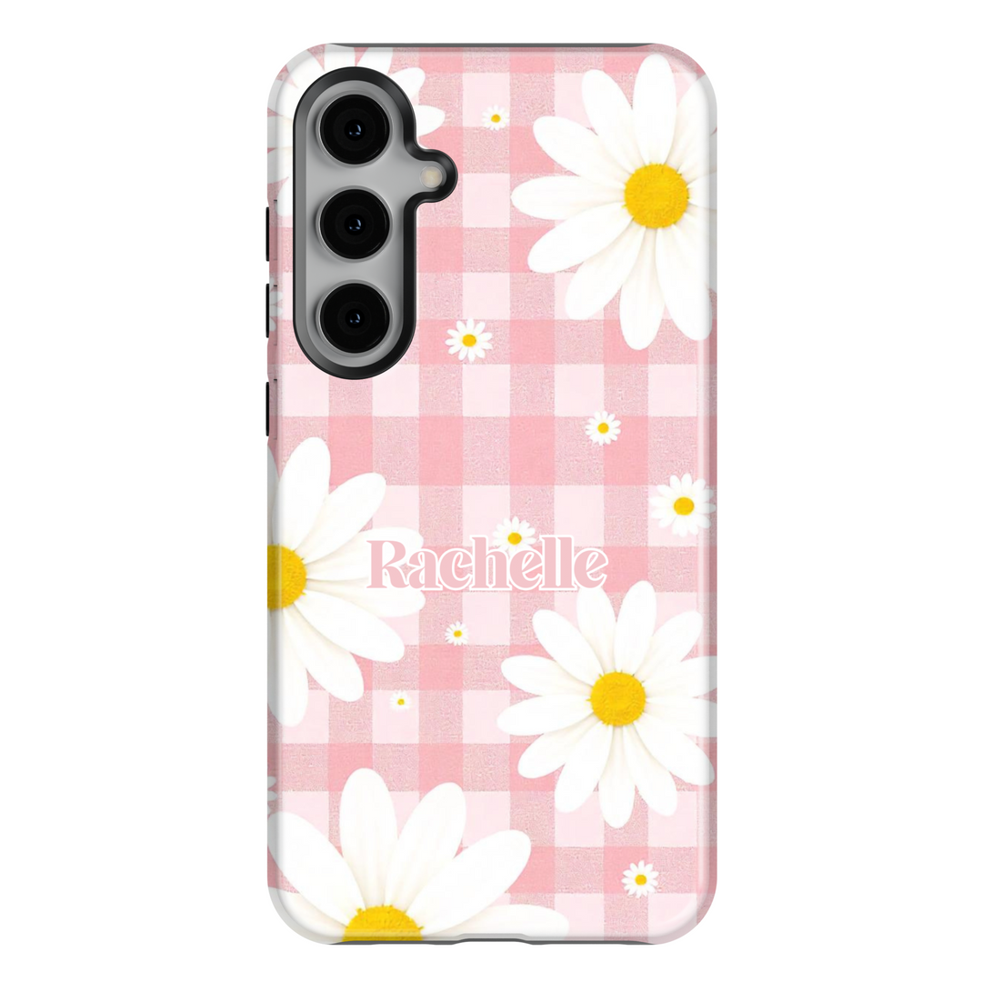 Pink gingham daisy Samsung Galaxy phone case with personalized name. Cute and aesthetic protective cover for Galaxy S25 Ultra, S24 FE, S23, and more.