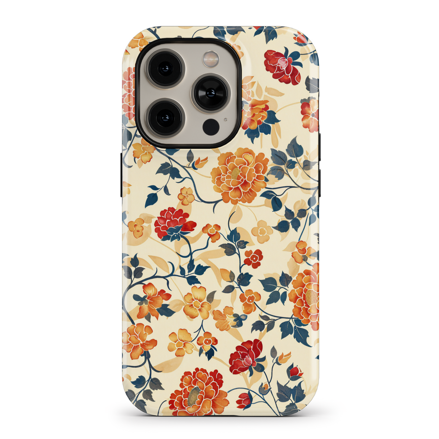 Elegant fall floral phone case featuring intricate flower and leaf patterns in warm, vibrant autumn colors. Provides a protective, tough casing for iPhone SE, iPhone 14 Pro, and iPhone 15 MagSafe. Perfect for women seeking a stylish, nature-inspired design with an artistic touch for the fall season.