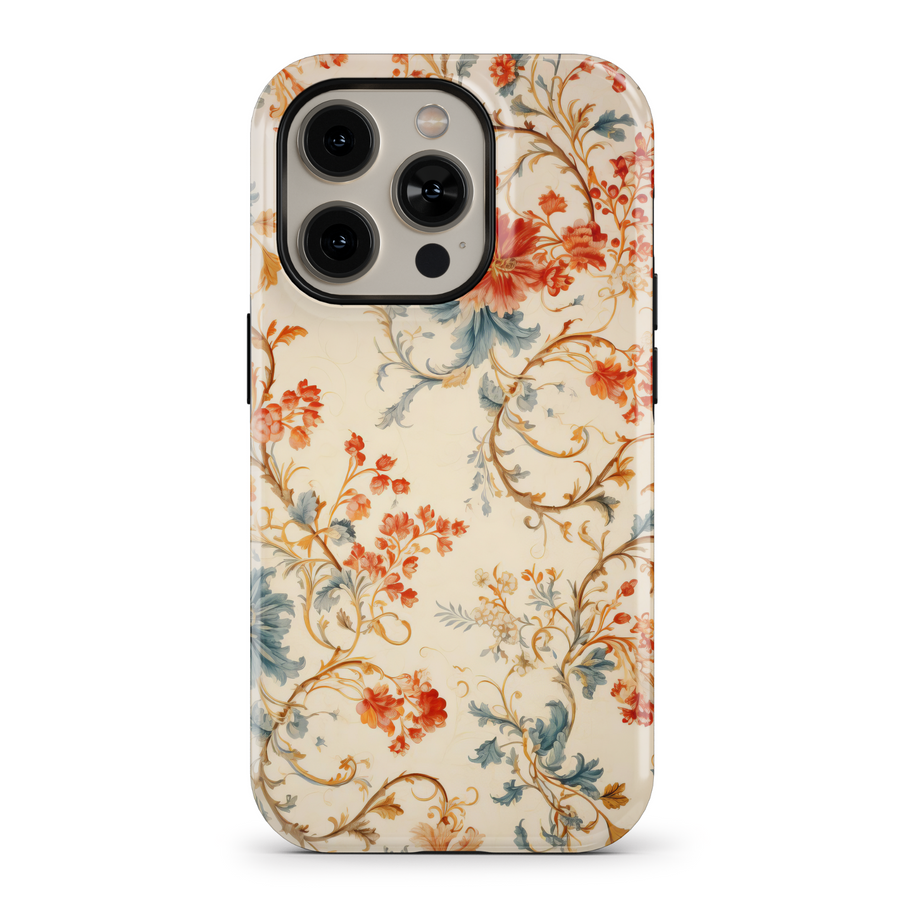 Elegant fall floral phone case featuring intricate flower and leaf patterns in warm, vibrant autumn colors. Provides a protective, tough casing for iPhone SE, iPhone 14 Pro, and iPhone 15 MagSafe. Perfect for women seeking a stylish, nature-inspired design with an artistic touch for the fall season.