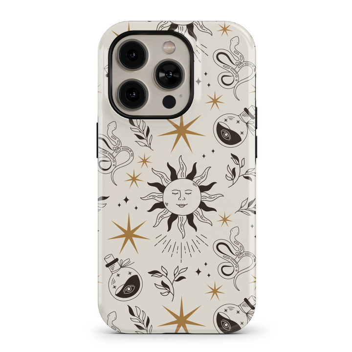 Celestial-themed phone case with mystical sun, moon, and stars design in black and gold. Features protective, tough casing for iPhone SE, iPhone 14 Pro, and iPhone 15 MagSafe. Perfect for women seeking a unique and cosmic-inspired style