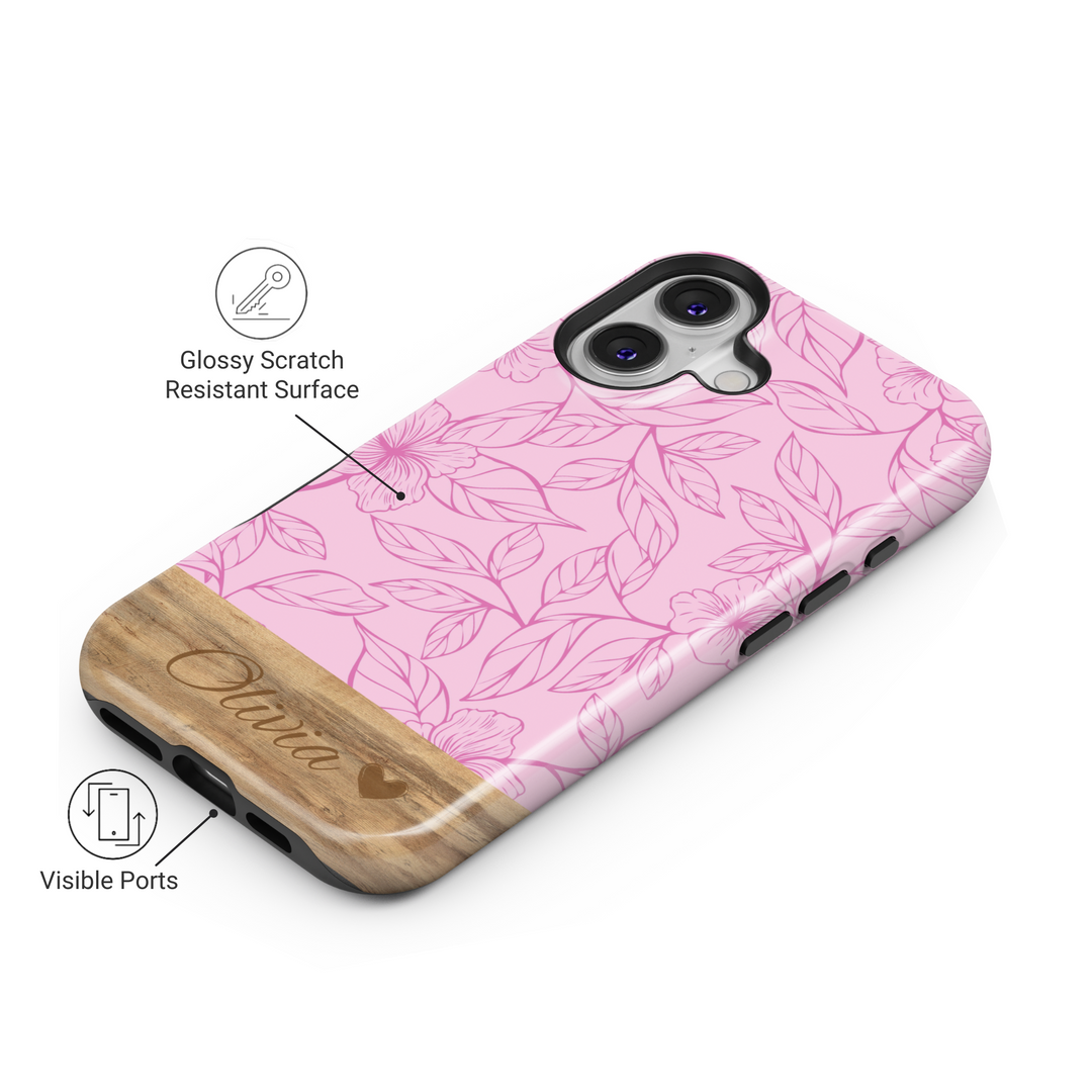 Personalized Pink Floral Phone Case, Custom Name Engraved Cover, Elegant Botanical Sketch Design, Rustic Wood Accent, Stylish iPhone 16 Case, Google Pixel 9 Pro, Galaxy S25, Slim Protective Case, Shockproof Durable Cover