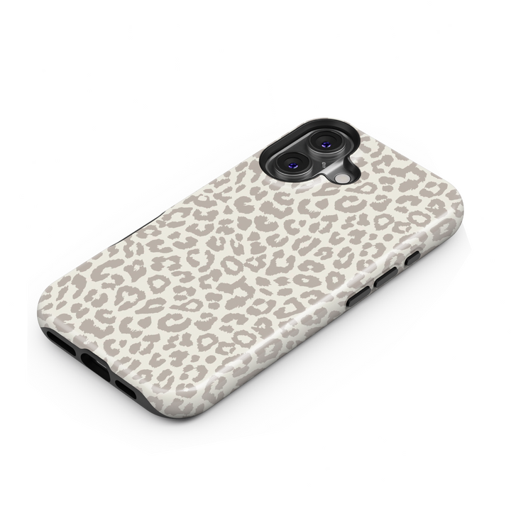 Winter-themed MagSafe iPhone 16 Pro phone case featuring a chic leopard print design. Perfect holiday phone case and thoughtful gift for her, combining stylish flair with durable protection for the season