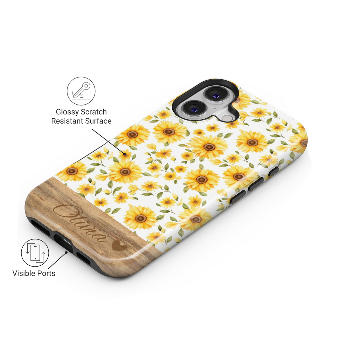 Personalized Sunflower Phone Case, Custom Name Engraved Cover, Aesthetic Yellow Floral Design, Rustic Wood Accent, Stylish iPhone 16 Case, Google Pixel 9 Pro, Galaxy S25, Slim Protective Case, Shockproof Durable Cover