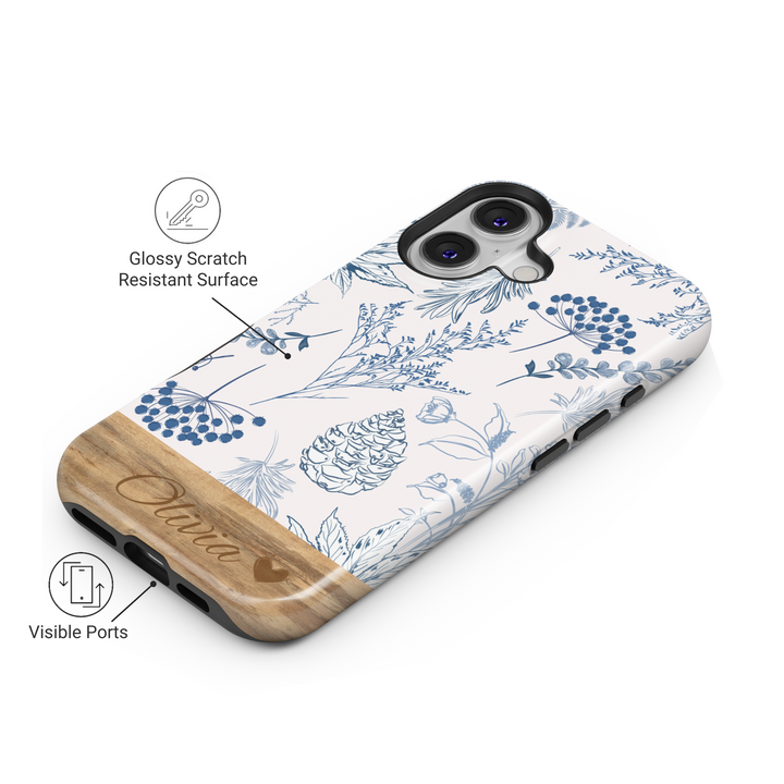 Personalized Botanical Phone Case, Custom Name Engraved Cover, Blue Floral Sketch Design, Rustic Wood Accent, Stylish iPhone 16 Case, Google Pixel 9 Pro, Galaxy S25, Slim Protective Case, Shockproof Durable Cover