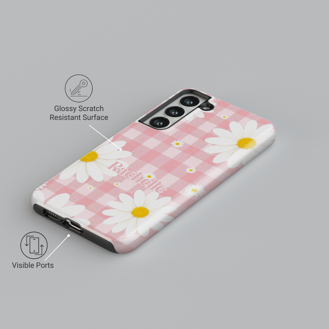 Pink gingham daisy Samsung Galaxy phone case with personalized name. Cute and aesthetic protective cover for Galaxy S25 Ultra, S24 FE, S23, and more.