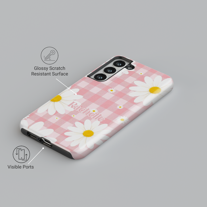 Pink gingham daisy Samsung Galaxy phone case with personalized name. Cute and aesthetic protective cover for Galaxy S25 Ultra, S24 FE, S23, and more.