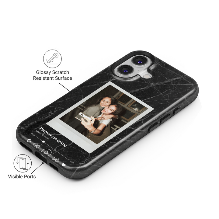 Black marble custom phone case featuring a polaroid-style photo of two best friends taking a selfie, wrapped in a music player interface with the song title "Partners in Crime." Aesthetic and trendy personalized design, ideal for iPhone 16, Samsung Galaxy S25, and Google Pixel 9. Perfect for friendship gifts, sentimental keepsakes, and unique protective covers.