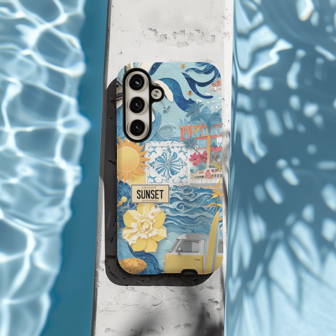 Samsung Galaxy S24 case, S24 Plus case, S24 Ultra case, scrapbook phone case, collage phone case, coquette phone case, beachy phone case, coastal phone case, summer phone case, sailing gift, beach vibes design, beach prints, tropical phone case, palm tree phone case, sea waves phone case, hibiscus flowers pattern.