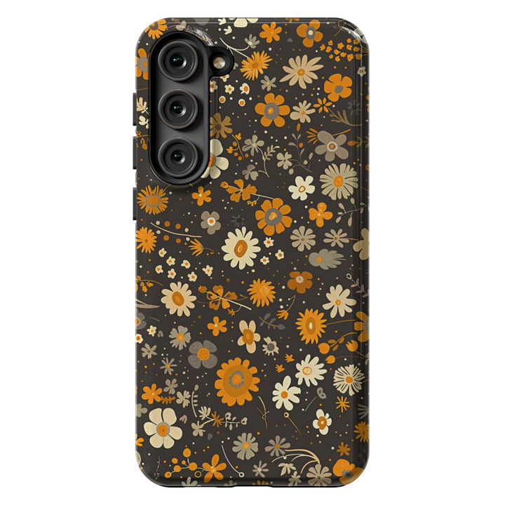 Floral, fall, autumn, and Halloween-themed phone cases available for Pixel 8, iPhone 16 Pro, Galaxy S24, Pixel 8 Pro, and iPhone SE. Featuring MagSafe compatibility and unique designs like mosaic and coquette, perfect for the season