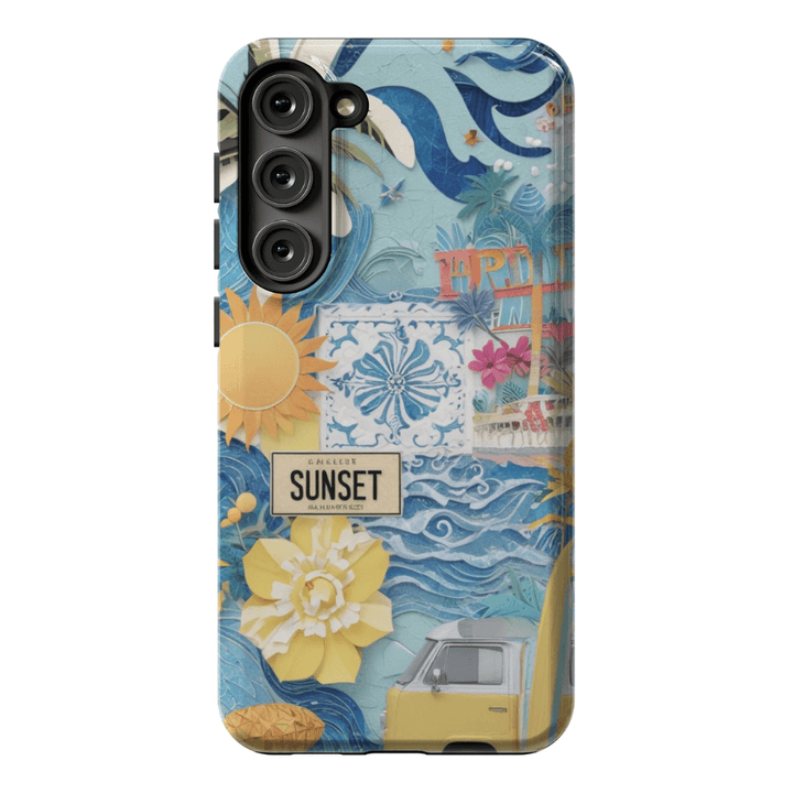 Samsung Galaxy S24 case, S24 Plus case, S24 Ultra case, scrapbook phone case, collage phone case, coquette phone case, beachy phone case, coastal phone case, summer phone case, sailing gift, beach vibes design, beach prints, tropical phone case, palm tree phone case, sea waves phone case, hibiscus flowers pattern.