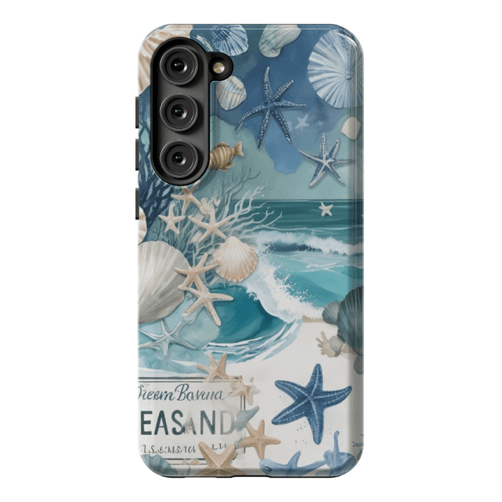 Samsung Galaxy S24 case, S24 Plus case, S24 Ultra case, scrapbook phone case, collage phone case, coquette phone case, beachy phone case, coastal phone case, summer phone case, sailing gift, beach vibes design, beach prints, tropical phone case, palm tree phone case, sea waves phone case, hibiscus flowers pattern.