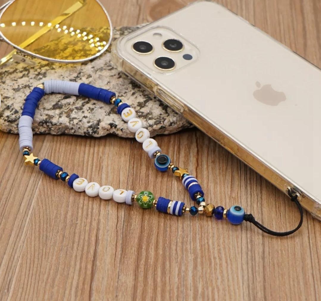 Blue Beaded Phone Charm Lanyard Wrist Strap - CASELIX