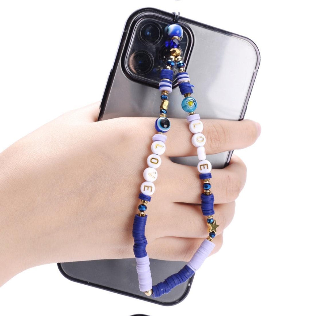 Blue Beaded Phone Charm Lanyard Wrist Strap - CASELIX