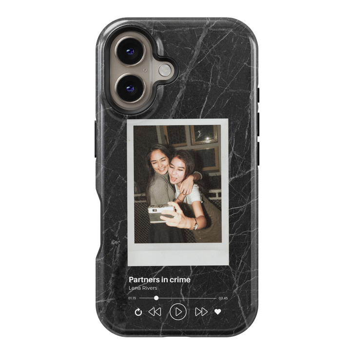 Black marble custom phone case featuring a polaroid-style photo of two best friends taking a selfie, wrapped in a music player interface with the song title "Partners in Crime." Aesthetic and trendy personalized design, ideal for iPhone 16, Samsung Galaxy S25, and Google Pixel 9. Perfect for friendship gifts, sentimental keepsakes, and unique protective covers.