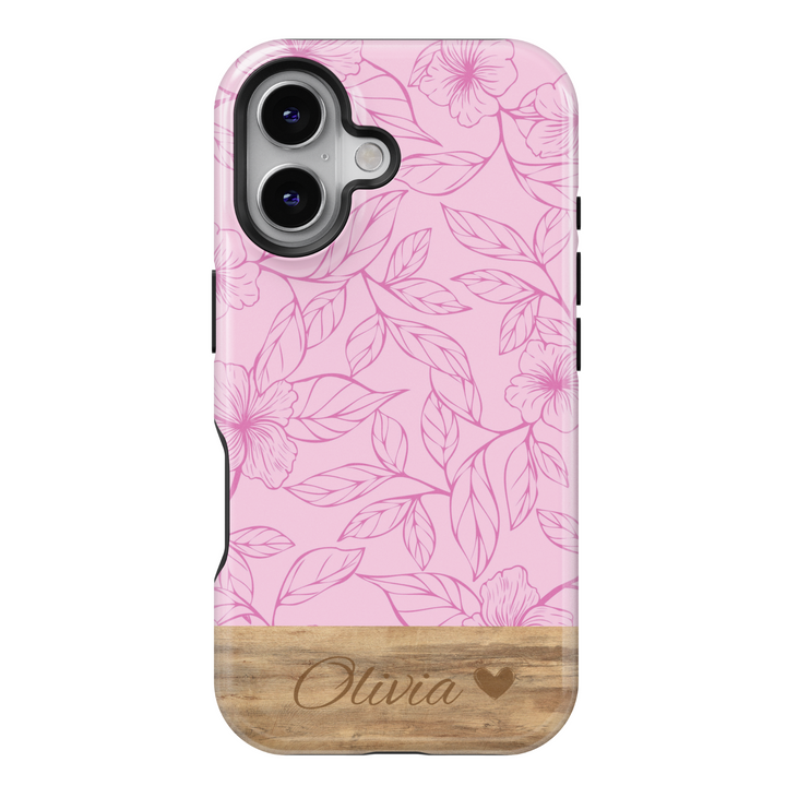 Personalized Pink Floral Phone Case, Custom Name Engraved Cover, Elegant Botanical Sketch Design, Rustic Wood Accent, Stylish iPhone 16 Case, Google Pixel 9 Pro, Galaxy S25, Slim Protective Case, Shockproof Durable Cover