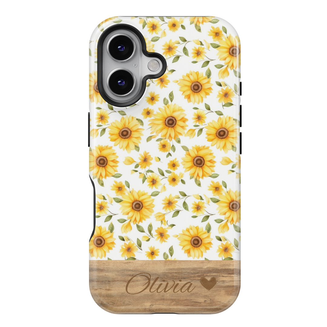 Personalized Sunflower Phone Case, Custom Name Engraved Cover, Aesthetic Yellow Floral Design, Rustic Wood Accent, Stylish iPhone 16 Case, Google Pixel 9 Pro, Galaxy S25, Slim Protective Case, Shockproof Durable Cover