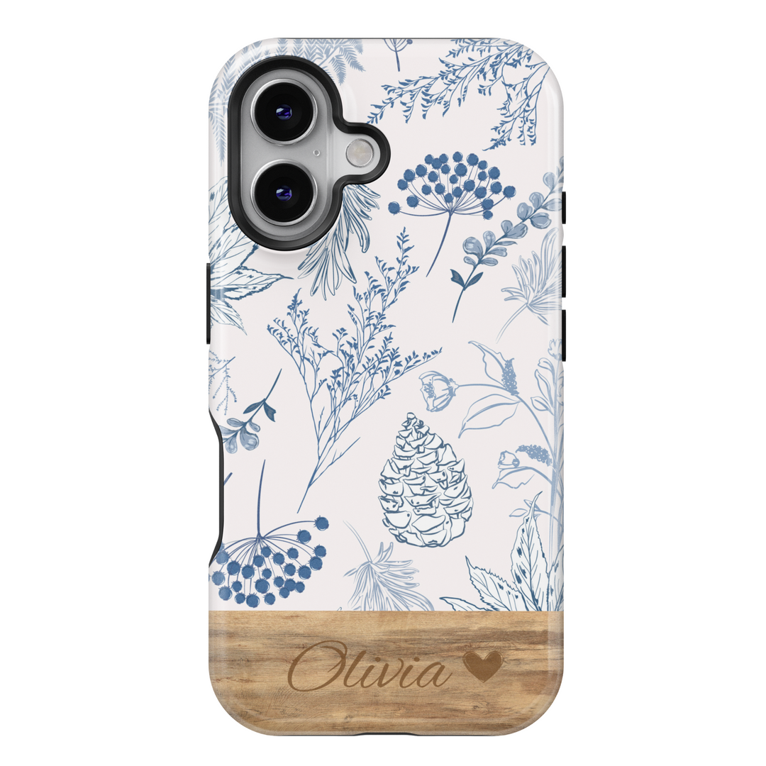 Personalized Botanical Phone Case, Custom Name Engraved Cover, Blue Floral Sketch Design, Rustic Wood Accent, Stylish iPhone 16 Case, Google Pixel 9 Pro, Galaxy S25, Slim Protective Case, Shockproof Durable Cover