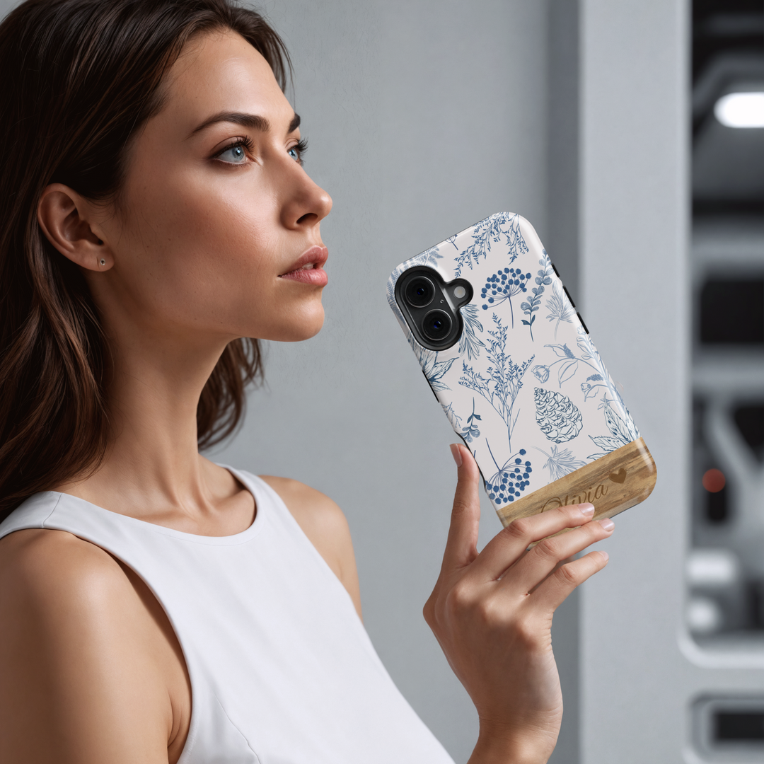 Personalized Botanical Phone Case, Custom Name Engraved Cover, Blue Floral Sketch Design, Rustic Wood Accent, Stylish iPhone 16 Case, Google Pixel 9 Pro, Galaxy S25, Slim Protective Case, Shockproof Durable Cover