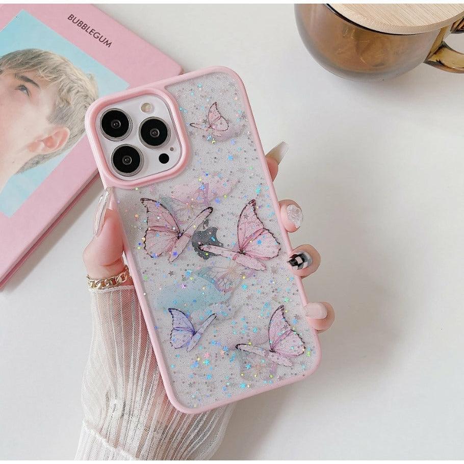 iPhone Case Clear Glitter Butterfly - Pink - CASELIX