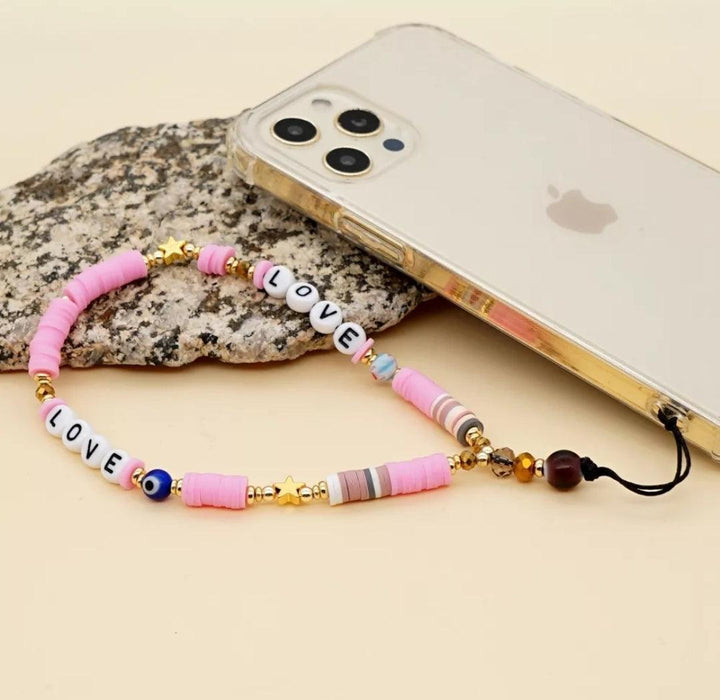 Pink Beaded Phone Charm Lanyard Wrist Strap - CASELIX